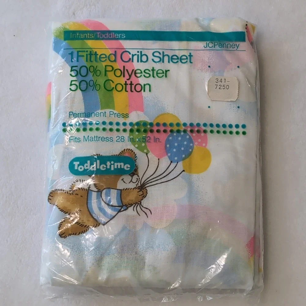 Vintage JCPenney Toddletime Fitted Crib Sheet NOS White Happy Bears Rainbow 90s